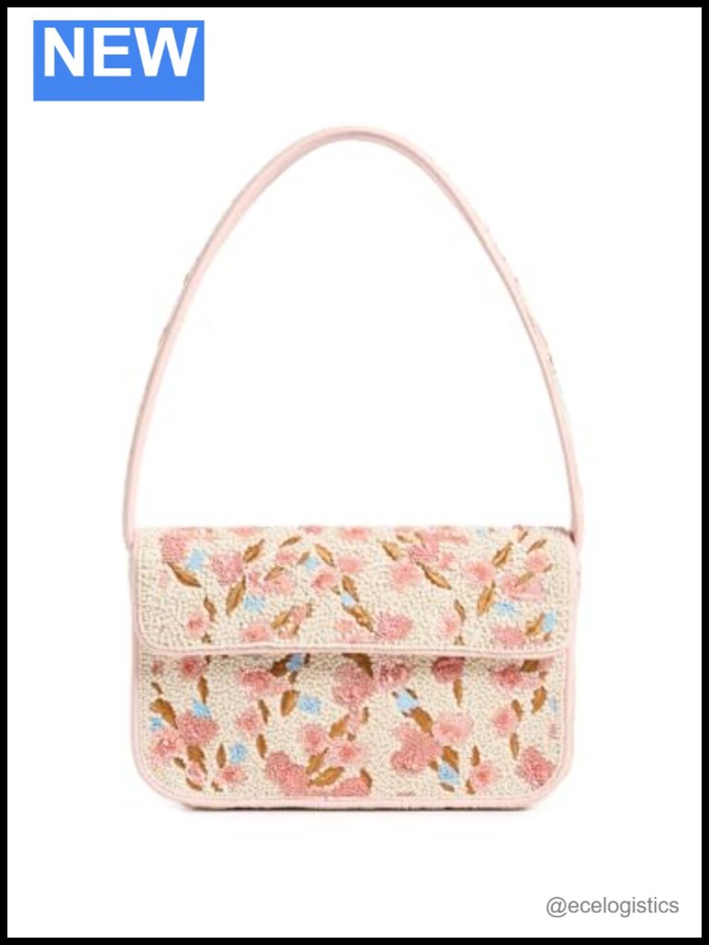 Beaded Satin Shoulder Bag with Top Handle, Fold-Over Flap
